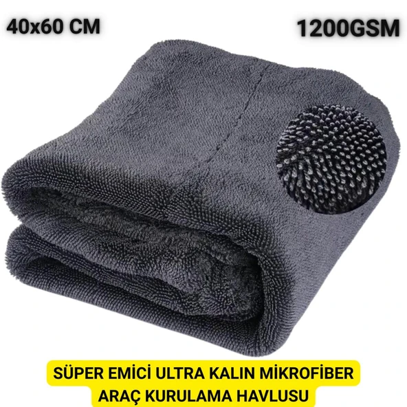 Polham 40x60CM 1200GSM Süper Su Emici Özellikli Mikrofiber Araç Kurulama Havlusu, Çizik ve İz Bırakmaz Bez