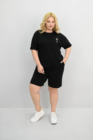 Kadın Büyük Beden Kısa Kollu Aksesuar Detaylı Şort Takım 8186-25 - 9