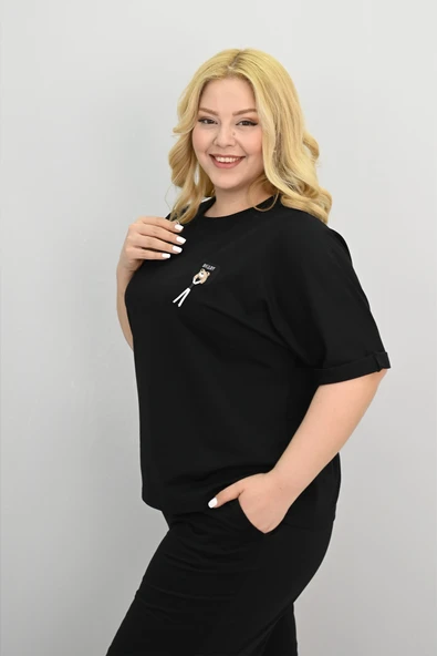 Kadın Büyük Beden Kısa Kollu Aksesuar Detaylı Şort Takım 8186-25 - 12