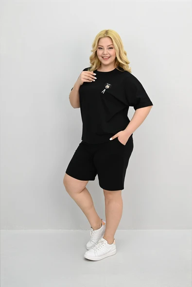 Kadın Büyük Beden Kısa Kollu Aksesuar Detaylı Şort Takım 8186-25 - 10