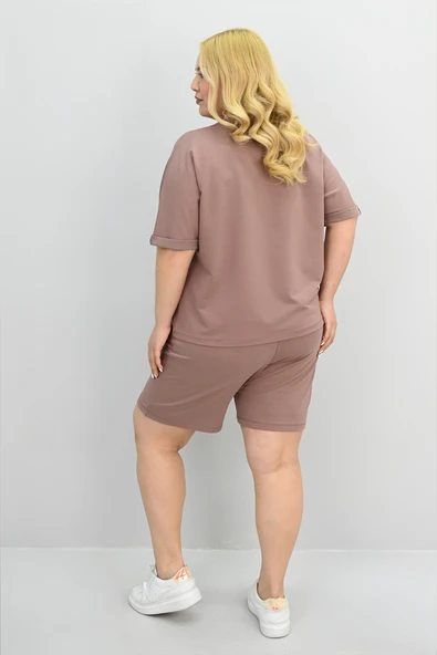 Kadın Büyük Beden Kısa Kollu Aksesuar Detaylı Şort Takım 8186-25 - 7