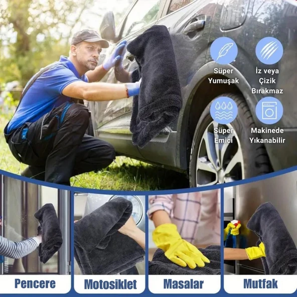 Polham 40x60CM 1200GSM Süper Su Emici Özellikli Mikrofiber Araç Kurulama Havlusu, Çizik ve İz Bırakmaz Bez - Resim 8