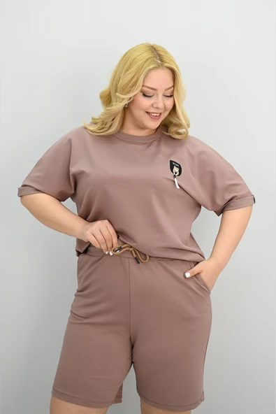 Kadın Büyük Beden Kısa Kollu Aksesuar Detaylı Şort Takım 8186-25 - 5