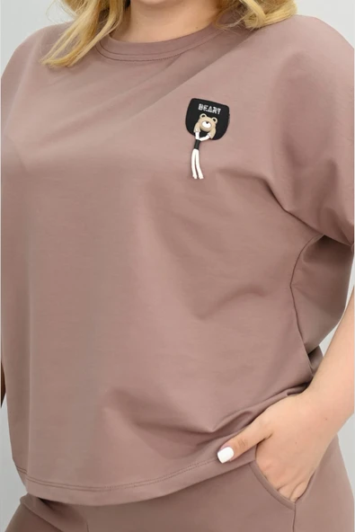 Kadın Büyük Beden Kısa Kollu Aksesuar Detaylı Şort Takım 8186-25 - 6