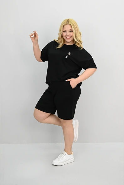 Kadın Büyük Beden Kısa Kollu Aksesuar Detaylı Şort Takım 8186-25 - 11