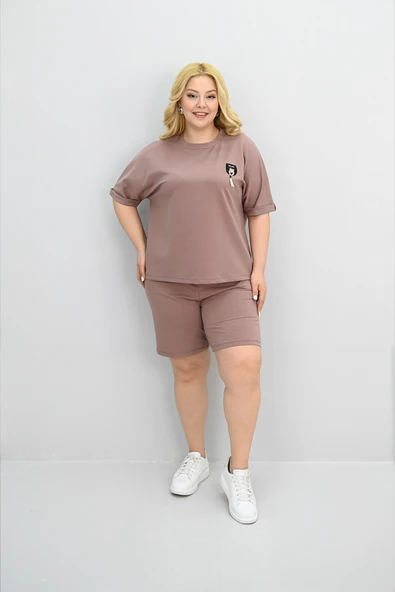 Kadın Büyük Beden Kısa Kollu Aksesuar Detaylı Şort Takım 8186-25 - 2