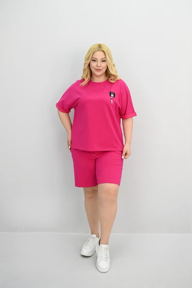 Kadın Büyük Beden Kısa Kollu Aksesuar Detaylı Şort Takım 8186-25