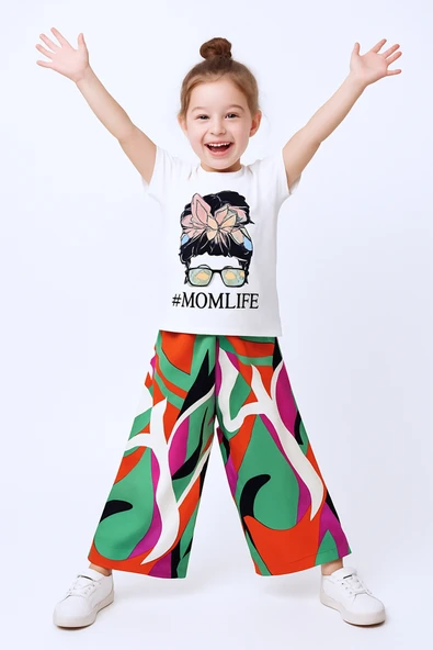 KIZ ÇOCUK YAZLIK İKİLİ TAKIM BASKILI RENK BALOKLU B2 - Resim 4