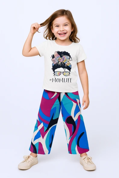 KIZ ÇOCUK YAZLIK İKİLİ TAKIM BASKILI RENK BALOKLU B2 ürün görseli