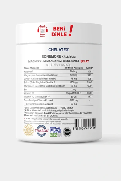 Chelatex Bonemore Kalsiyum Magnezyum İçeren Edici Gıda 60 Bitkisel Kapsül - 3