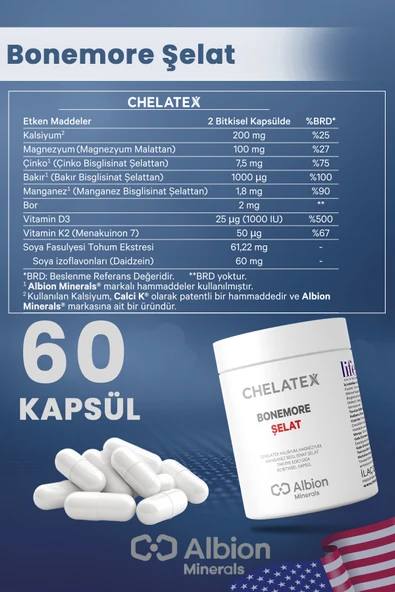Chelatex Bonemore Kalsiyum Magnezyum İçeren Edici Gıda 60 Bitkisel Kapsül - 2