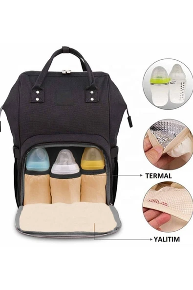 Mother Bag store Anne Bebek Bakım Sırt Çantası Pullu Termoslu Sıvı Geçirmez Puset Askı Aparatlı Siyah - 2