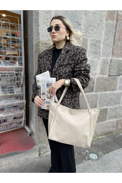 NİSSEA Kadın Krem Shopper Büyük Kol Çantası - 4