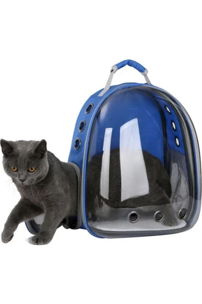 Ksburda Şeffaf Kedi Köpek Taşıma Çantası Astronot Çanta Kalın Cam Mavi Renk - 2