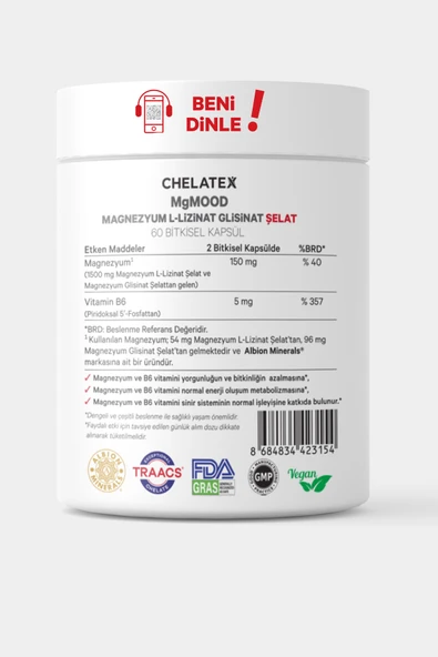 Chelatex MgMood Magnezyum L-Lizinat Glisinat Şelat 60 Bitkisel Kapsül - 3
