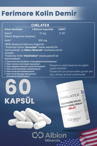 Chelatex Ferimore Kolin Demir Bisglisinat Şelat 60 Bitkisel Kapsül - 2