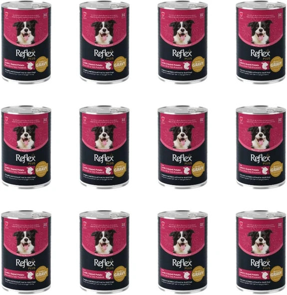 Reflex Plus GRAVY Sos İçinde Et Parçacıklı Kuzu Etli ve Tatlı Patatesli Yetişkin Köpek Konservesi 400 Gr (12 Adet)