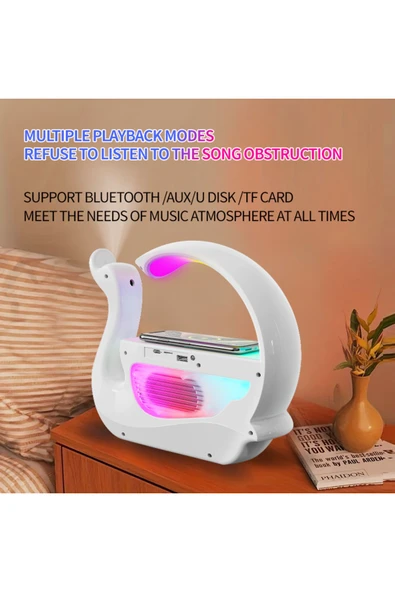 Kuğu Nemlendirici 6'sı 1 Arada RGB Işık Kablosuz Şarj Bluetooth Hoparlör - 5