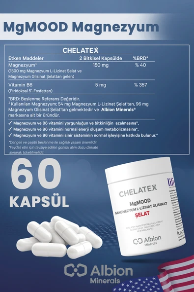 Chelatex MgMood Magnezyum L-Lizinat Glisinat Şelat 60 Bitkisel Kapsül - 2