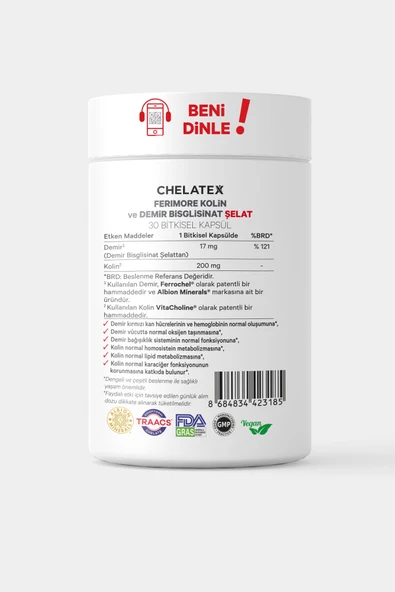 Chelatex Ferimore Kolin Demir Bisglisinat Şelat 60 Bitkisel Kapsül - 3