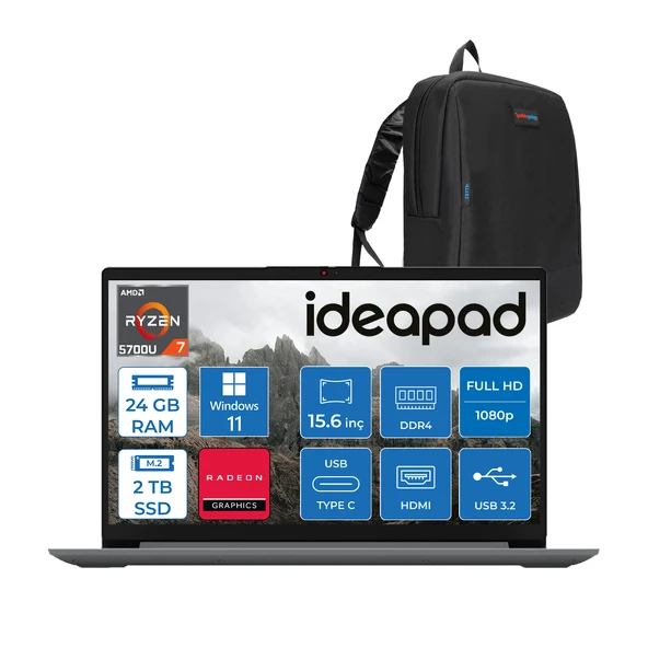 Lenovo Ideapad 1 15ALC7 Amd Ryzen 7 5700U 24GB 2tb SSD Amd Radeon Graphics Windows 11 Pro 15.6" Fullhd Taşınabilir Bilgisayar Gri 82R400R4TRP19 + Zetta Çanta