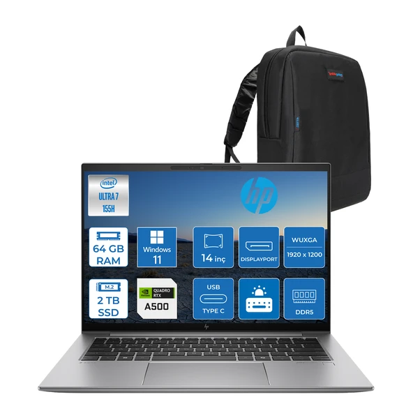 Hp Zbook Firefly G11 Ultra 7 155H Ddr5 64GB 2tb SSD Quadro Rtx A500 4gb 14'' Wuxga IPS 300NITS Windows 11 Pro Taşınabilir Bilgisayar 5G419ESP23 + Zetta Çanta