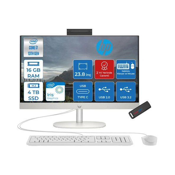 Hp Proone 240 G10 Intel I7-1355U 16GB 4tb SSD Iris Xe Graphics Freedos 23.8" Full Hd Beyaz All In One Bilgisayar AA1JY8ESF05+ZETTAUSBBELLEK