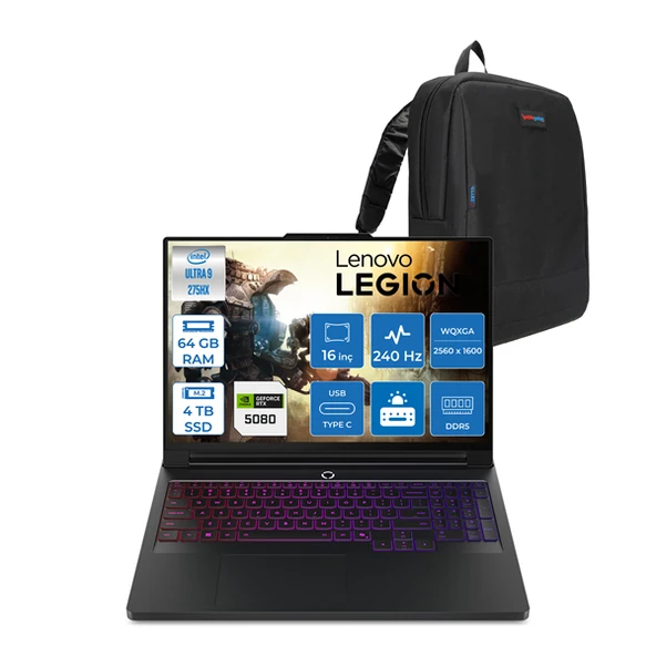 Lenovo Legion Pro 7 Intel Core Ultra 9 275HX 64GB Ddr5 4tb SSD 16GB/RTX5080/175W Freedos 16" Wqxga OLED 500NITS 240Hz Taşınabilir Bilgisayar LG16IAX10HF24 + Zettaçanta