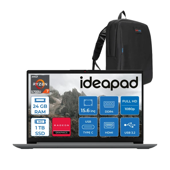 Lenovo Ideapad 1 15ALC7 Amd Ryzen 7 5700U 24GB 1tb SSD Amd Radeon Graphics Freedos 15.6" Fullhd Taşınabilir Bilgisayar Gri 82R400R4TRF18 + Zetta Çanta