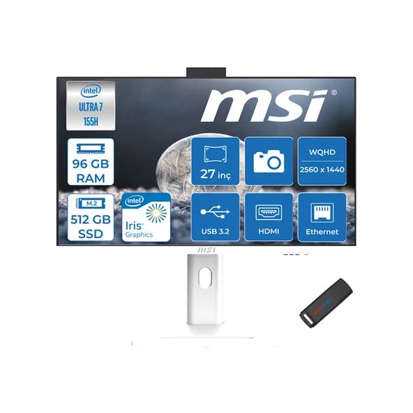 Msı Modern Aı Ultra 7 155H 96GB Ddr5 512GB SSD Intel® Graphics 27" Wqhd Windows 11 Pro Yapay Zeka Destekli All In One Bilgisayar AM273QPP15 + Zettausbbellek