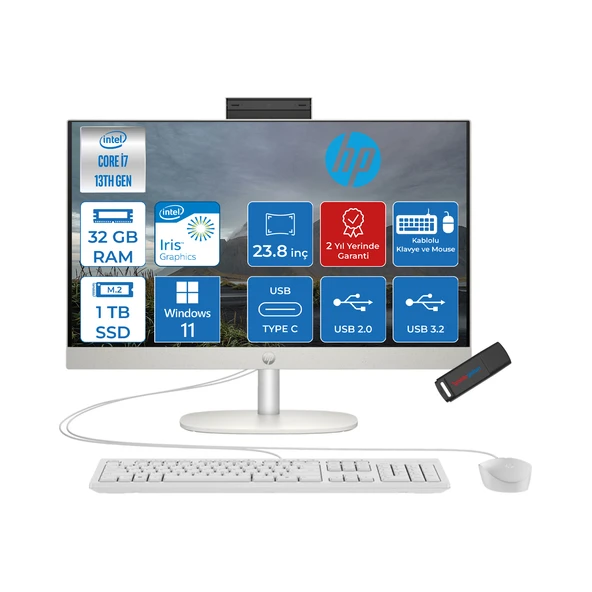 Hp Proone 240 G10 Intel I7-1355U 32GB 1tb SSD Iris Xe Graphics Windows 11 Home 23.8" Full Hd Beyaz All In One Bilgisayar AA1JY8ESH13+ZETTAUSBBELLEK