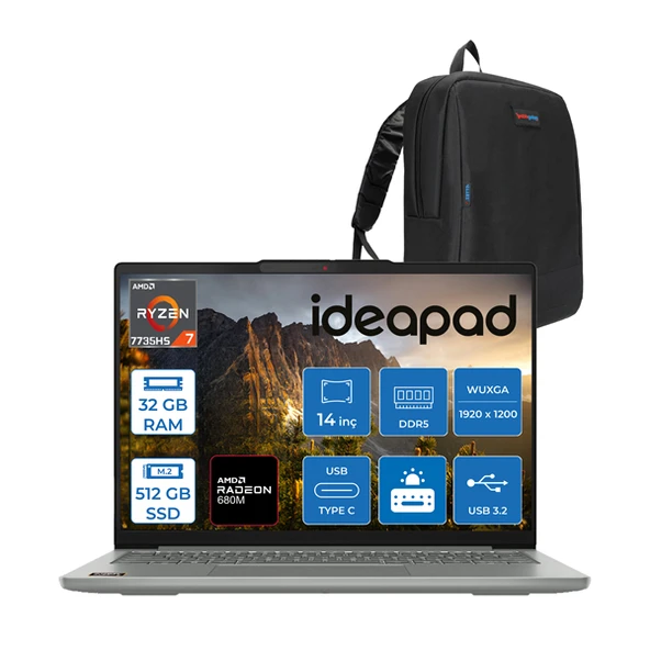 Lenovo Ideapad Slim 5 Amd Ryzen 7 7735HS 32GB Ddr5 512GB SSD Amd Radeon™ 680M Windows 11 Home 14" Wuxga IPS Taşınabilir Bilgisayar IDS14ARP10H09 + Zettaçanta