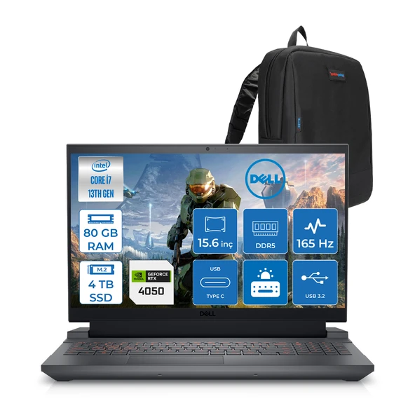 Dell Gaming G15 5530 Intel Core I7 13650HX 80GB Ddr5 4tb SSD Freedos RTX4050 6gb 140W 15.6" Fhd (1920X1080) 165HZ 3ms 300 Nits Taşınabilir Bilgisayar G155530010UF28 + Zetta Çanta