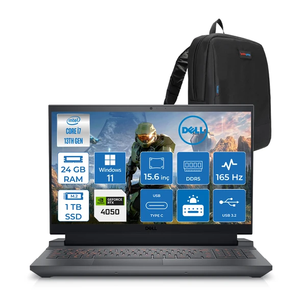 Dell Gaming G15 5530 Intel Core I7 13650HX 24GB Ddr5 1tb SSD Windows 11 Home RTX4050 6gb 140W 15.6" Fhd (1920X1080) 165HZ 3ms 300 Nits Taşınabilir Bilgisayar G155530010UH06 + Zetta Çanta