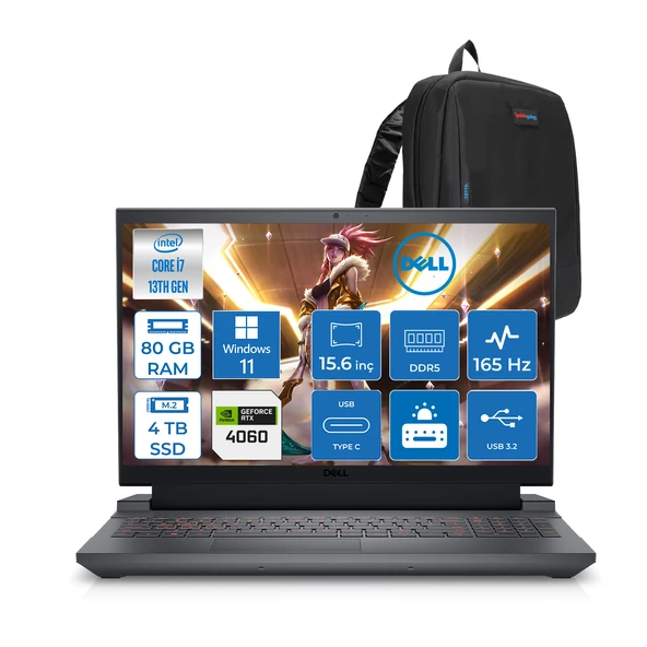 Dell Gaming G15 5530 Intel Core I7 13650HX 80GB Ddr5 4tb SSD Windows 11 Home RTX4060 8gb 140W 15.6" Fhd (1920X1080) 165HZ 3ms 300NİTS Taşınabilir Bilgisayar G155530014UH28 + Zetta Çanta