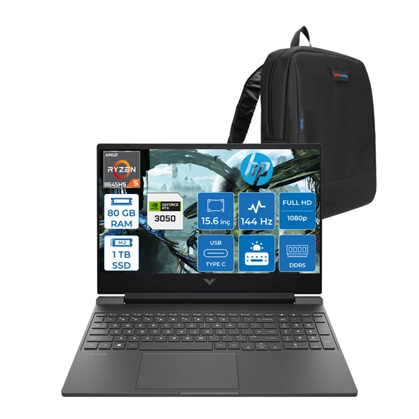 Hp Victus Amd Ryzen 5 8645HS 80GB Ddr5 1tb SSD 6GB/RTX3050/75W 15.6inç Fhd 144Hz IPS WIN11PRO Gaming Bilgisayar 15FB3705P22 + Zettaçanta