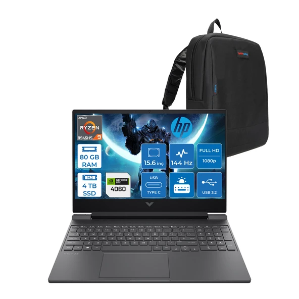 Hp Victus W15FB3006NT Ryzen 9 8945HS Aı 80GB Ddr5 4tb SSD 8GB/RTX4060 300NITS 15.6" Fhd IPS 144Hz Freedos Gaming Taşınabilir Bilgisayar WB82WCEAF25+ZETTAÇANTA