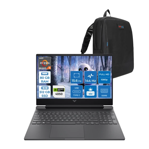Hp Victus Gaming 15-FB3013NT Amd Ryzen 5 8645HS 80GB Ddr5 512GB SSD Freedos RTX4050 6gb 15.6" Fhd (1920X1080) 144HZ IPS 300NİT Taşınabilir Bilgisayar B82WGEAF25 + Zetta Çanta