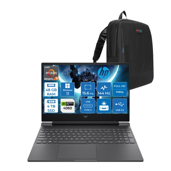Hp Victus W15FB3006NT Ryzen 9 8945HS Aı 48GB Ddr5 4tb SSD 8GB/RTX4060 300NITS 15.6" Fhd IPS 144Hz WIN11HOME Gaming Taşınabilir Bilgisayar WB82WCEAH15+ZETTAÇANTA