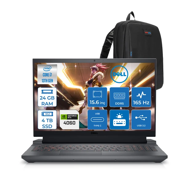 Dell Gaming G15 5530 Intel Core I7 13650HX 24GB Ddr5 4tb SSD Freedos RTX4060 8gb 140W 15.6" Fhd (1920X1080) 165HZ 3ms 300NİTS Taşınabilir Bilgisayar G155530014UF08 + Zetta Çanta