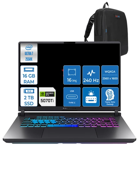 Asus Rog Strix G16 Intel Core Ultra 7 255HX 16GB Ddr5 2tb SSD 12GB/RTX5070TI/175W Windows 11 Pro 16" 2.5k 240Hz Wqxga Yapay Zeka Destekli Taşınabilir Bilgisayar G615LRP03 + Zettaçanta