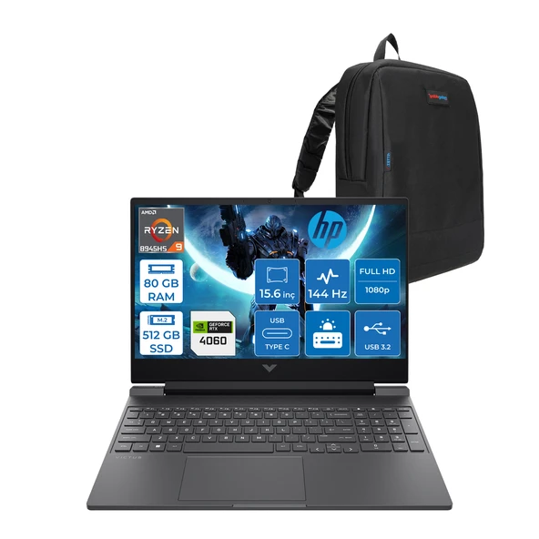 Hp Victus W15FB3006NT Ryzen 9 8945HS Aı 80GB Ddr5 512GB SSD 8GB/RTX4060 300NITS 15.6" Fhd IPS 144Hz Freedos Gaming Taşınabilir Bilgisayar WB82WCEAF22+ZETTAÇANTA