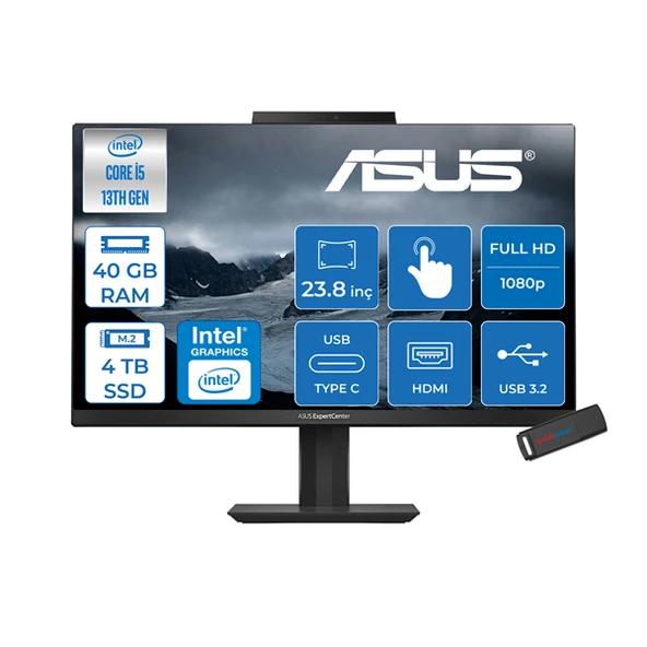 Asus Expertcenter E5 Intel Core I5 1340P 40GB Ddr4 4tb SSD Intel UHD Graphics 23.8" Fhd 250NITS IPS WIN11PRO Dokunmatik All In One Bilgisayar DE5402WVATP16 + Zettausbbellek