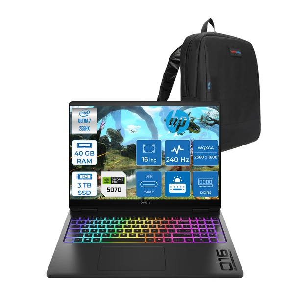 Hp Omen Max 16-AH0021NT Intel Core Ultra 7 255HX 40GB Ddr5 1tb SSD + 2 Tb SSD 8gb Nvıdıa RTX5070 16 Inç 500NITS 2k Wqxga 240Hz 3ms IPS Freedos Siyah OB92QXEAF03 + Zetta Çanta