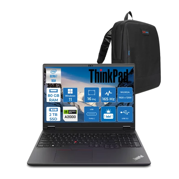 Lenovo Thinkpad Mws P16V Gen2 Intel Ultra 7 165H Vpro Aı 80GB 5600MHZ  2tbssd 8GB/RTX2000ADA 16" Wuxga (1920X1200) IPS 400NITS Windows 11 Pro Taşınabilir Bilgisayar W21KX001MTXW45+ZETTAÇANTA