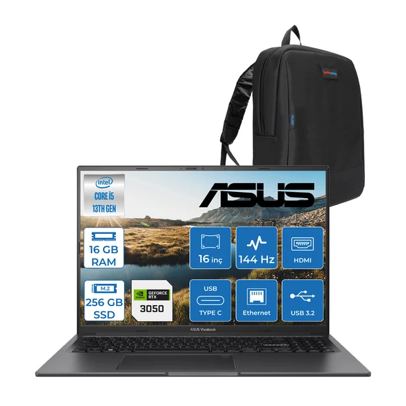 Asus Vivobook 16X K3605VC-RP461 Intel Core I5 13420H 16GB 256GB SSD RTX3050-4GB Freedos 16" 144Hz Wuxga Taşınabilir Bilgisayar RP461F06 + Zetta Çanta