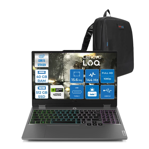 Lenovo Loq 15IAX9 Intel Core I5 12600HX 40GB Ddr5 512GB SSD 6GB/RTX4050 105W IPS 300NITS 144Hz Freedos 15.6" Fhd Freedos Taşınabilir Bilgisayar W83GS00PETRF13+ZETTAÇANTA