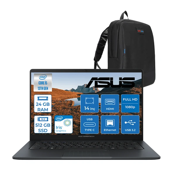 Asus Expertbook B1 B1403CVA Intel Core I5-1334U 24GB Ddr5 512GB SSD Intel Iris x Graphics 14" Fhd LED 300NITS Freedos Taşınabilir Bilgisayar B1403CVAF05 + Zettaçanta
