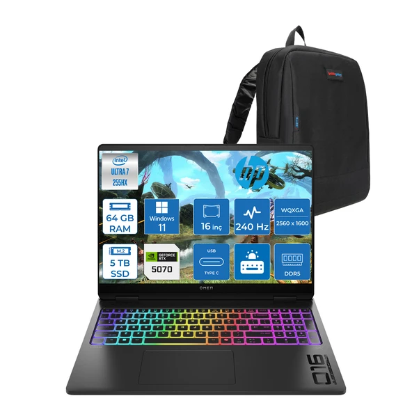 Hp Omen Max 16-AH0021NT Intel Core Ultra 7 255HX 64GB Ddr5 1tb SSD + 4tb SSD 8gb Nvıdıa RTX5070 16 Inç 500NITS 2k Wqxga 240Hz 3ms IPS Windows 11 Home Siyah OB92QXEAH16 + Zetta Çanta
