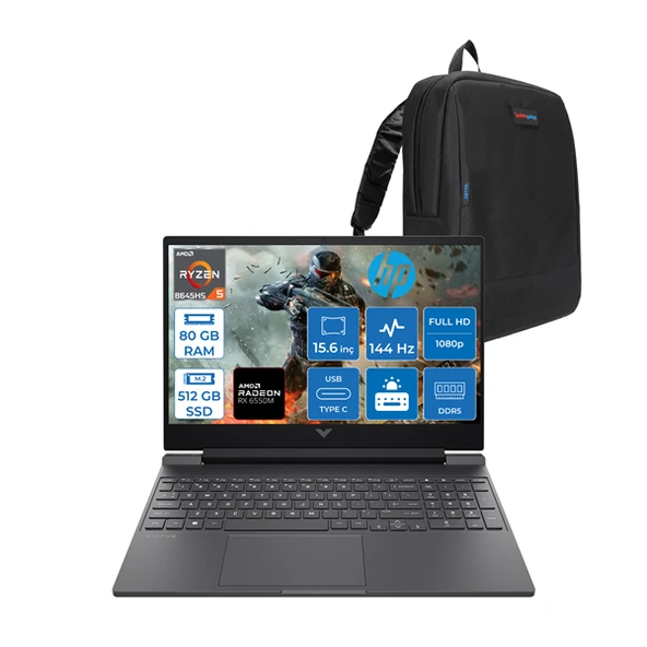 Hp Victus Amd Ryzen 5 8645HS 80GB Ddr5 512GB SSD Amd Radeon™ RX6550M/4GB Windows 11 Home 15.6" Fhd 144Hz Taşınabilir Bilgisayar HP82WJEAH25 + Zettaçanta